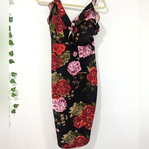 US M Revamped Red and Pink Floral Slip Midi Dress